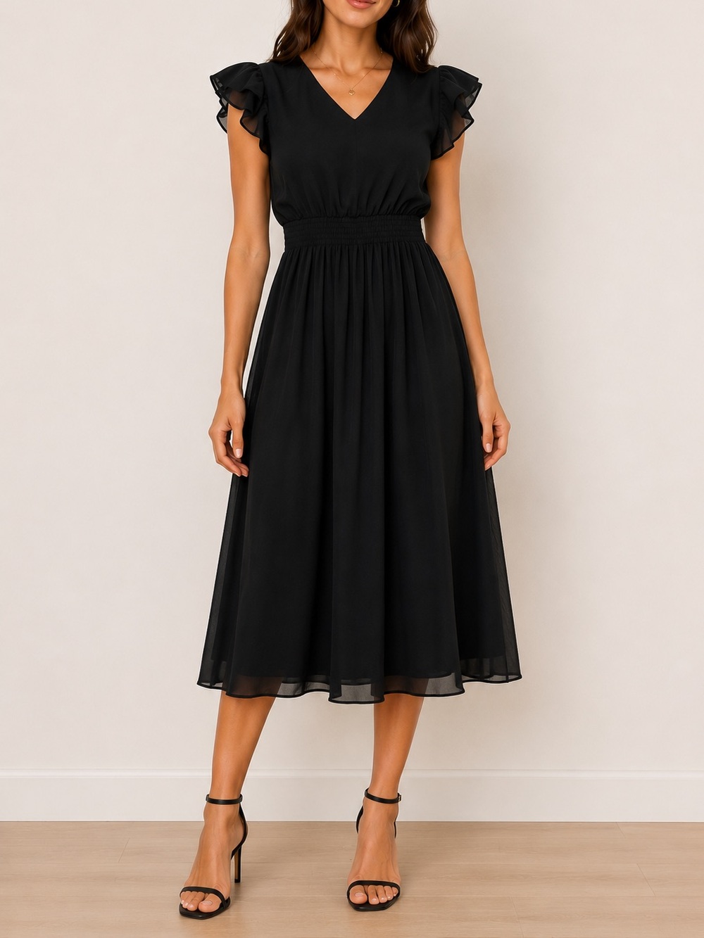 MSK Black Midi Dress Women’s Medium Midi Chiffon Flutter Sleeve
